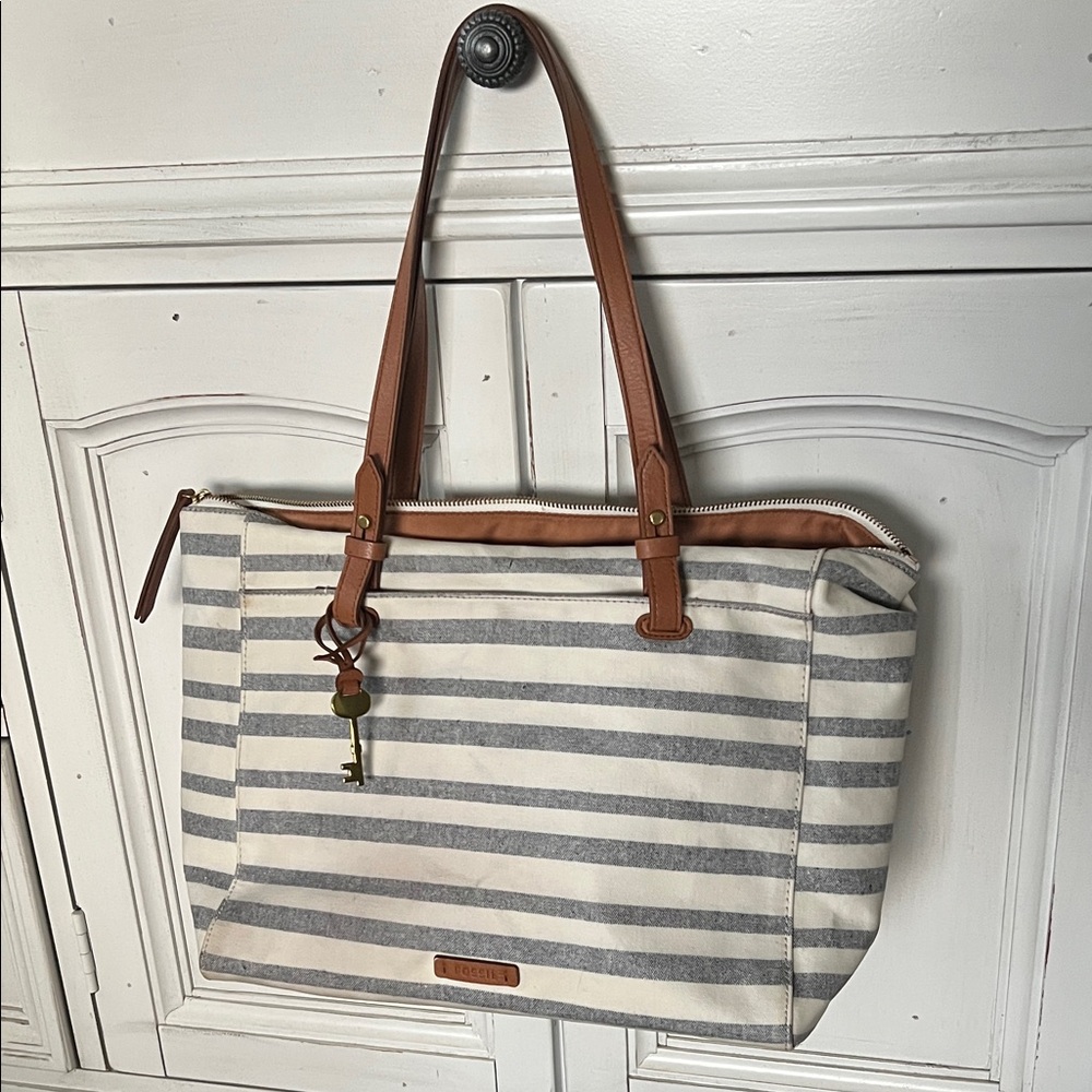 Fossil Gray and Cream Striped Tote with Brown Handles
